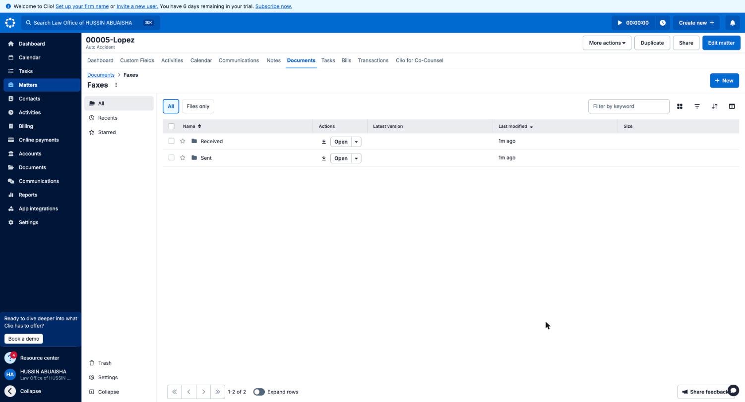 Clio matter documents showing the Faxes folder with Received and Sent folders