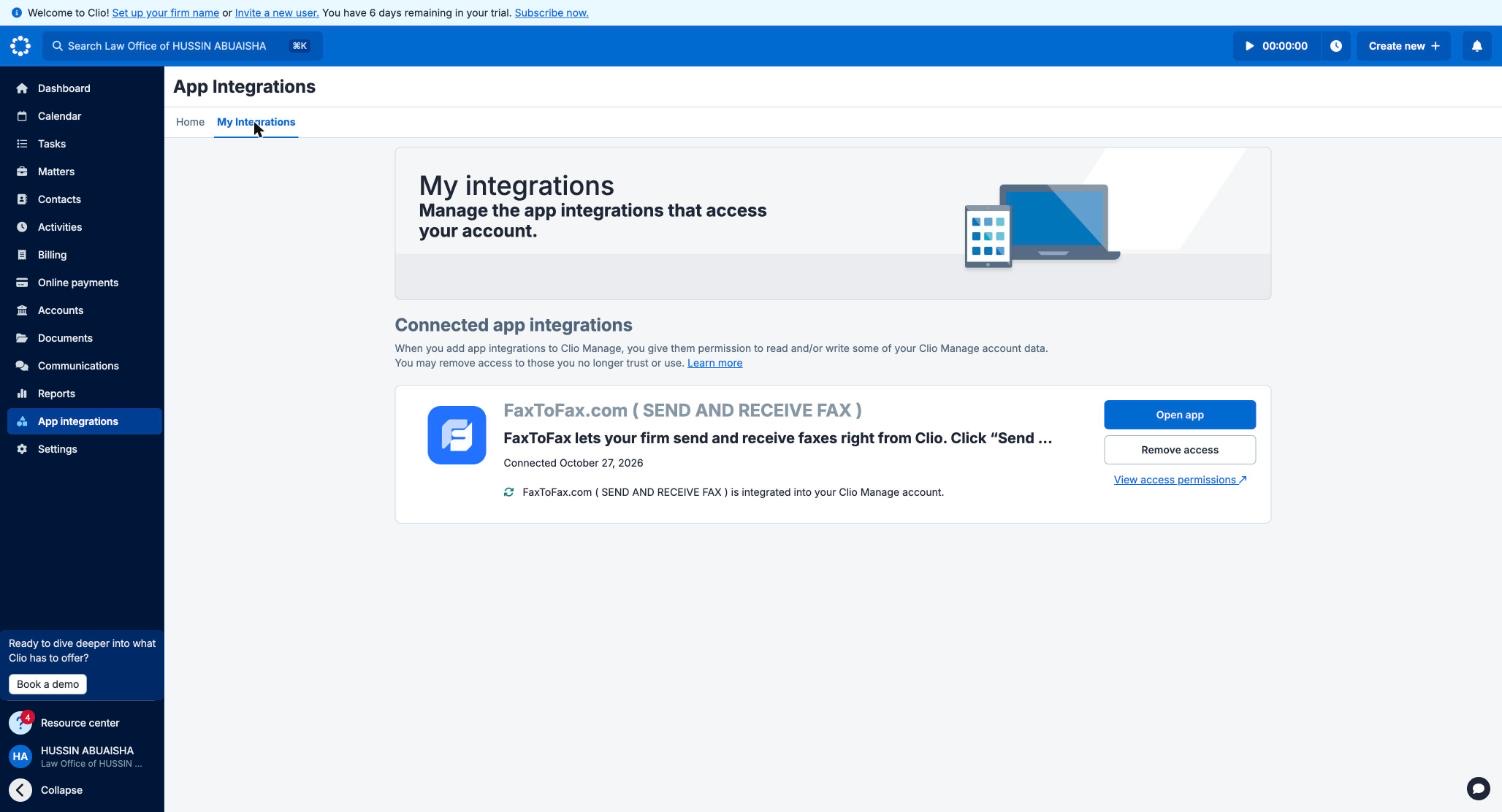 FaxToFax shown as connected under Clio App Integrations, My Integrations
