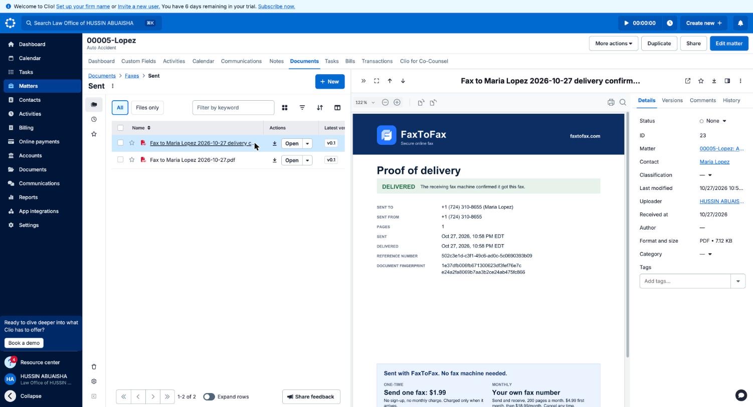 FaxToFax proof of delivery PDF filed in a Clio matter
