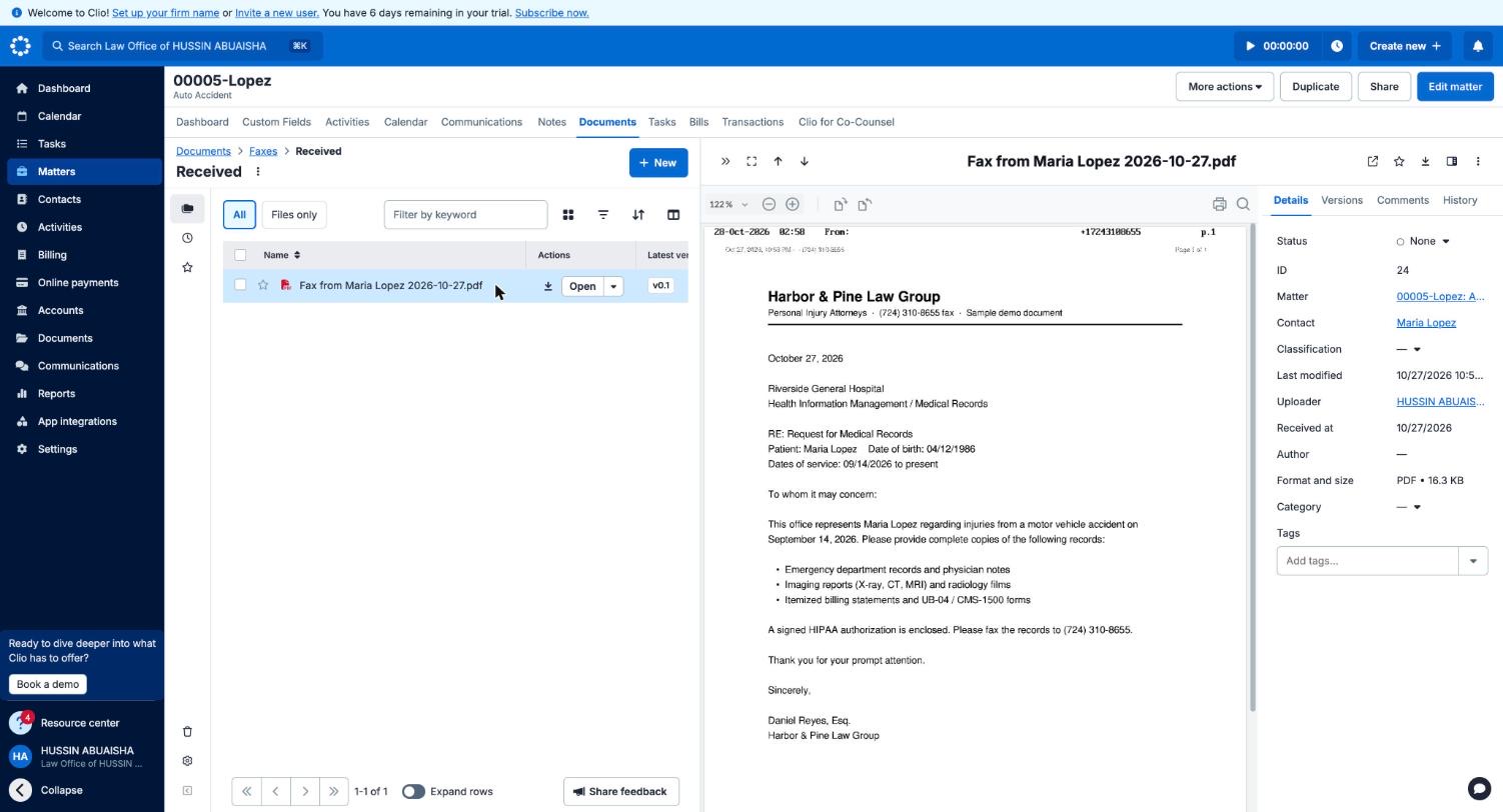 A received fax filed automatically in the Clio matter, linked to the matter and the client contact