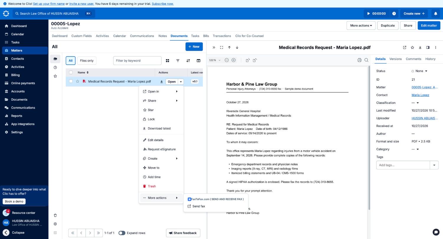 Clio document menu showing More actions, FaxToFax, Send fax