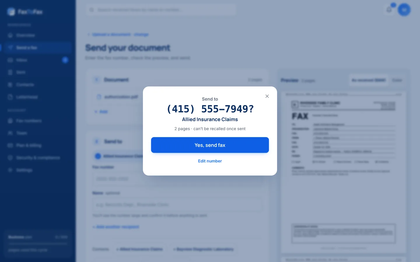 fax-from-phone.com fax composer with cover page preview