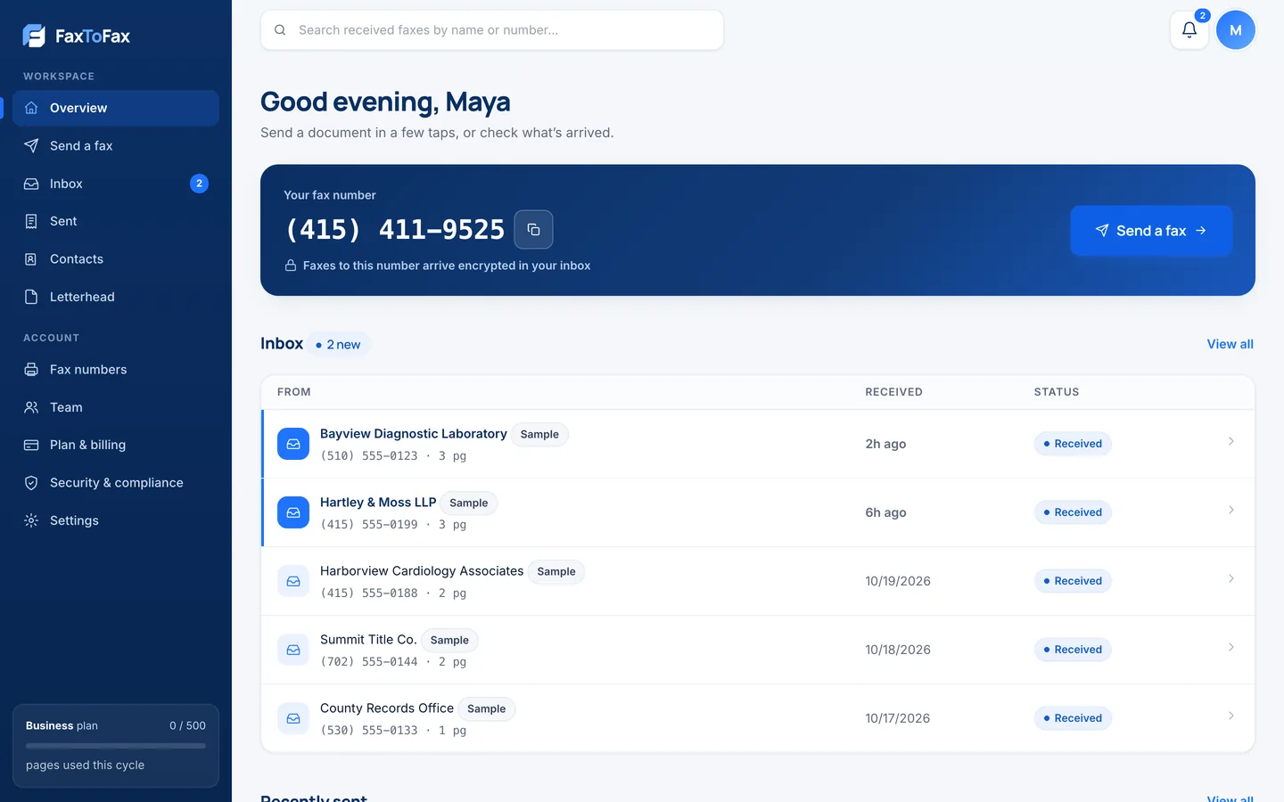 FaxToFax dashboard with recent faxes and the composer