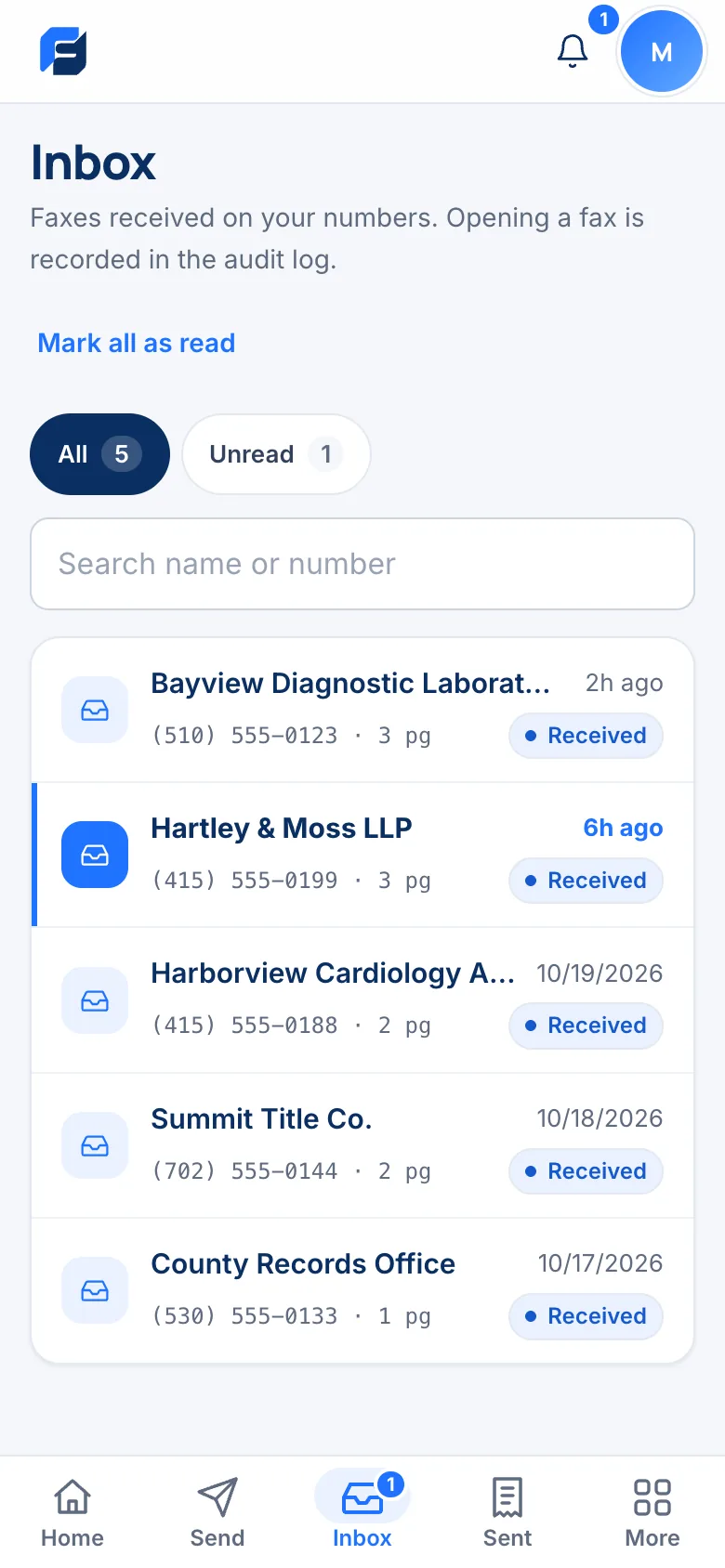 sendafax.ca on a phone
