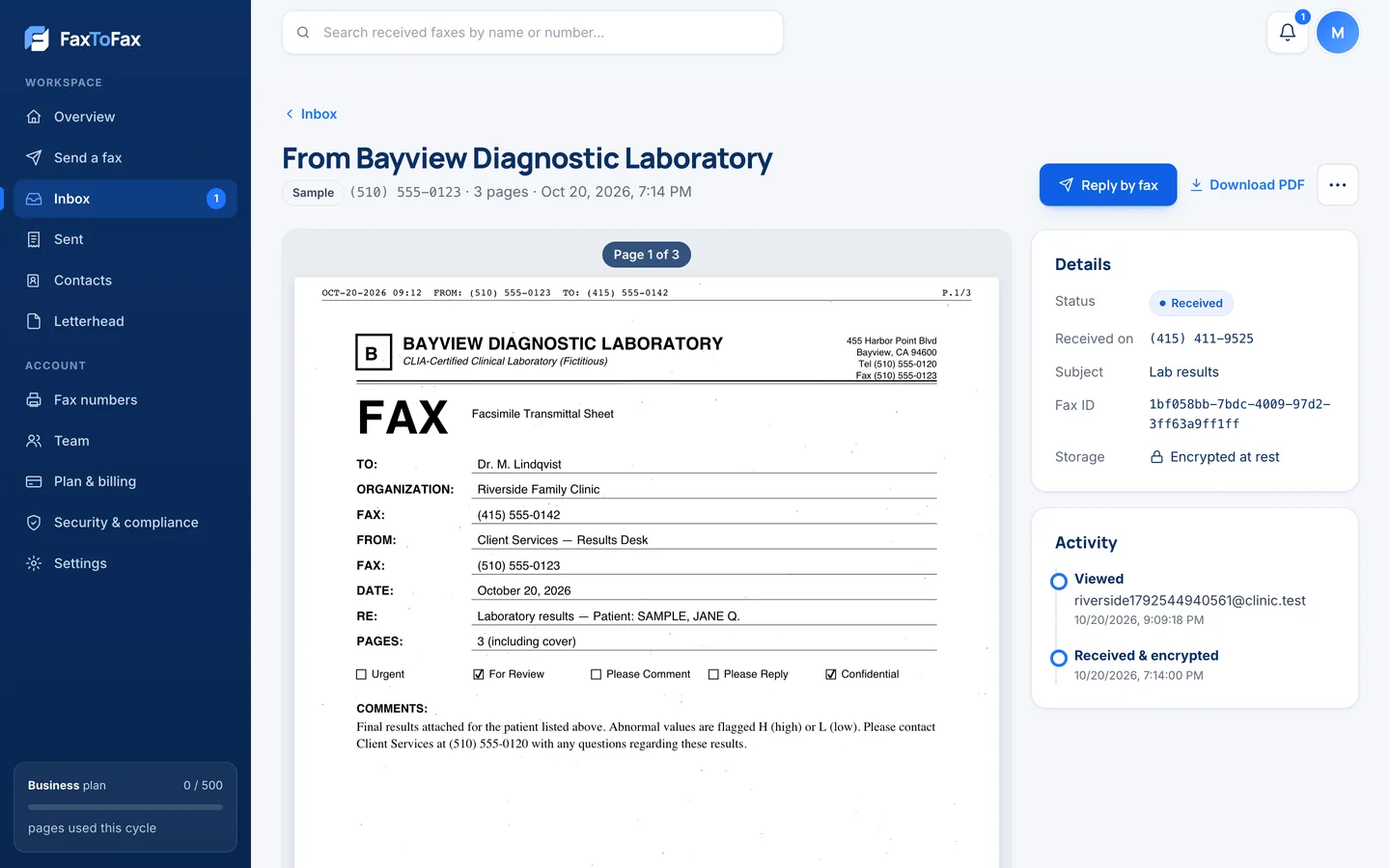 Viewing a received fax in the FaxToFax inbox