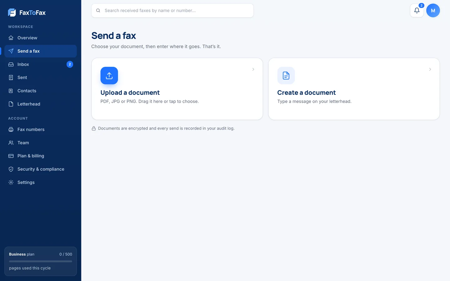 Starting a fax in FaxToFax: upload a document or create one